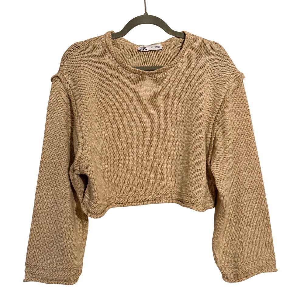 Zara Tan Cropped Knit Beach Sweater Linen Blend Crew Neck‎ Medium Pool Lounge